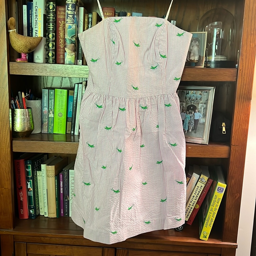 Lilly Pulitzer - pink seersucker strapless dress with grasshoppers embroidered
